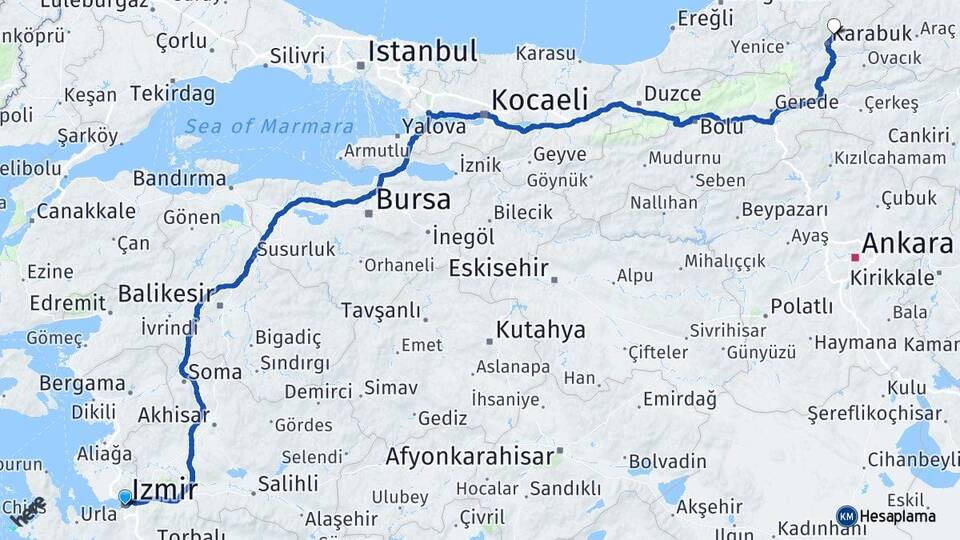 İzmir Safranbolu Karabük Arası Kaç Km - Yol Haritası