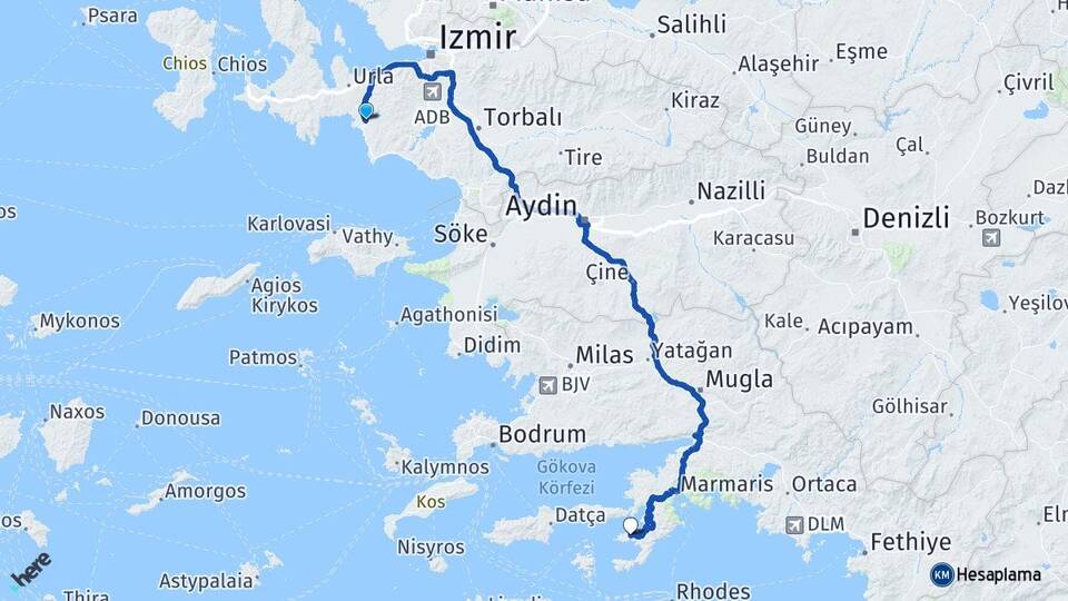 İzmir Seferihisar Bozburun Marmaris Muğla Arası Kaç Km - Yol Haritası