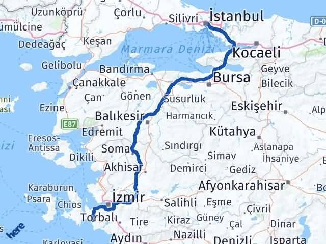 izmir seferihisar istanbul arasi kac km kac saat