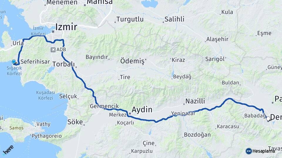 İzmir Seferihisar Sığacık Denizli Arası Kaç Km - Yol Haritası