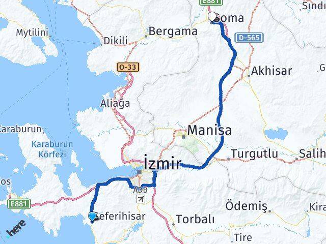 İzmir Seferihisar Tepecik Soma Manisa Arası Kaç Km - Yol Haritası
