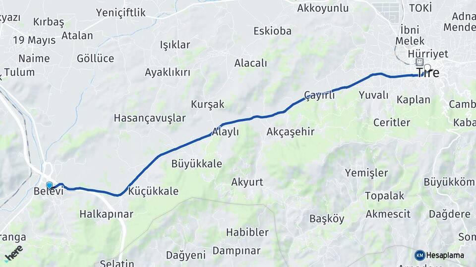 İzmir Selçuk Belevi Tire Arası Kaç Km - Yol Haritası