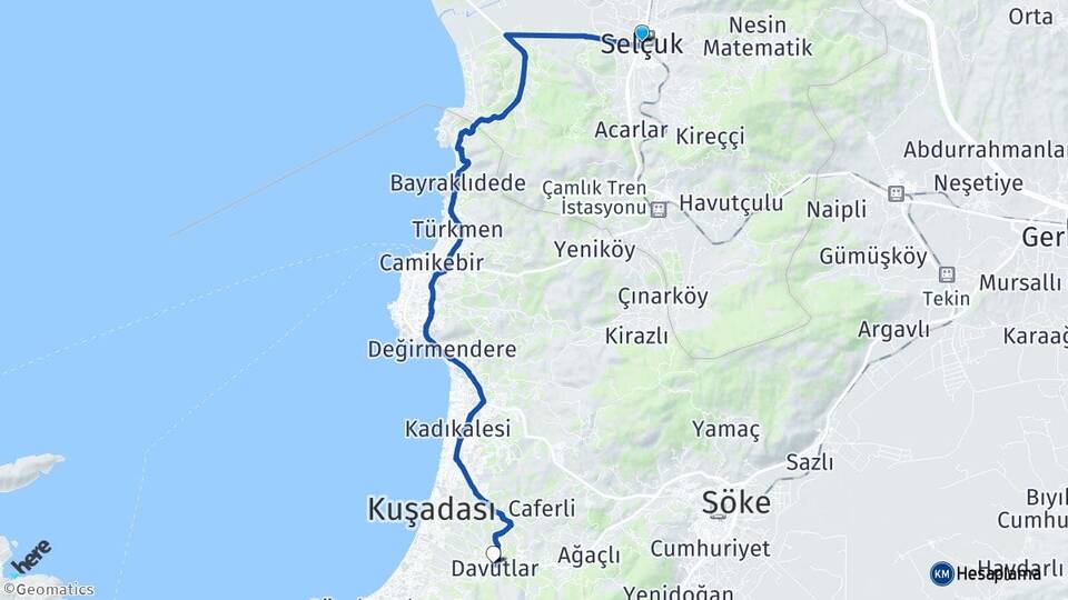 İzmir Selçuk Davutlar Kuşadası Aydın Arası Kaç Km - Yol Haritası