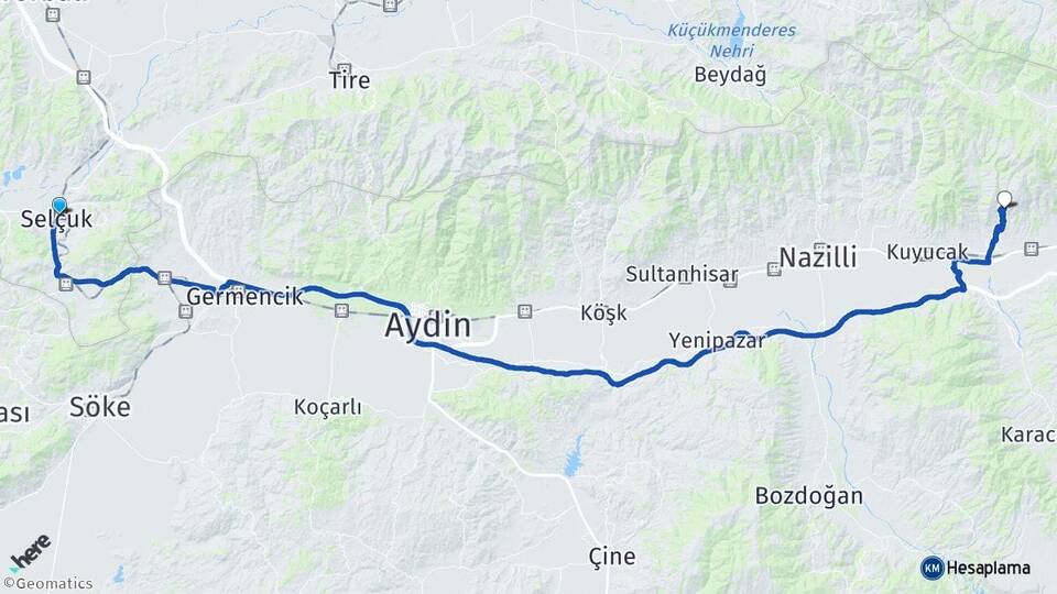 İzmir Selçuk Pamucak Kuyucak Aydın Arası Kaç Km - Yol Haritası