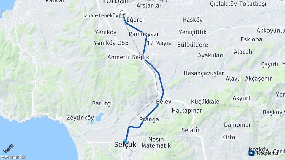 İzmir Selçuk Tepeköy Torbalı Arası Kaç Km - Yol Haritası