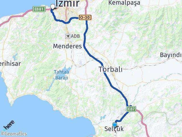 İzmir Selçuk Üçkuyular Karabağlar Arası Kaç Km - Yol Haritası