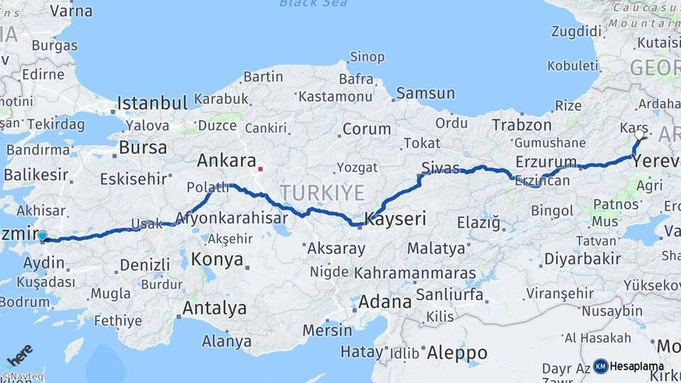 İzmir Selim Kars Arası Kaç Km - Yol Haritası