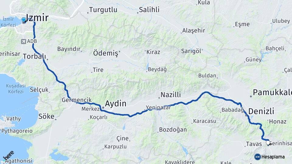 İzmir Serinhisar Denizli Arası Kaç Km - Yol Haritası