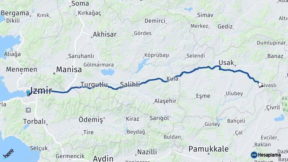 İzmir Sivaslı Uşak Arası Kaç Km - Yol Haritası