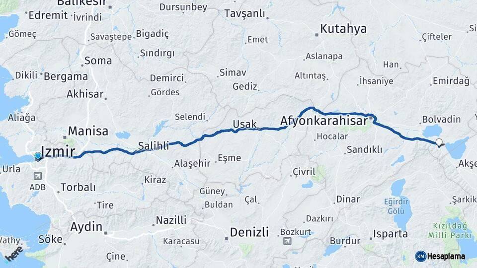 İzmir Sultandağı Afyonkarahisar Arası Kaç Km - Yol Haritası