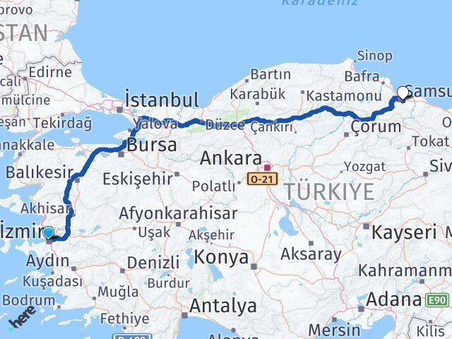 İzmir Tekkeköy Samsun Arası Kaç Km - Yol Haritası