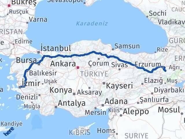 İzmir Tekman Erzurum Arası Kaç Km - Yol Haritası