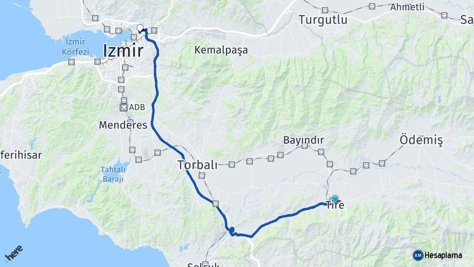 İzmir Tire Bayraklı Arası Kaç Km - Yol Haritası
