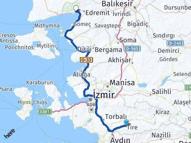 İzmir Tire Güre Edremit Balıkesir Arası Kaç Km - Yol Haritası