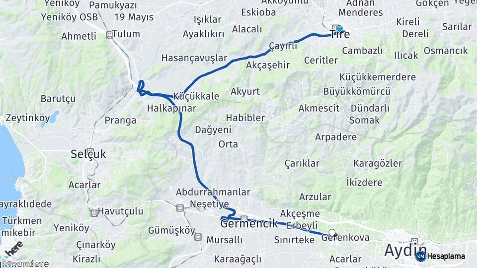İzmir Tire İncirliova Aydın Arası Kaç Km - Yol Haritası