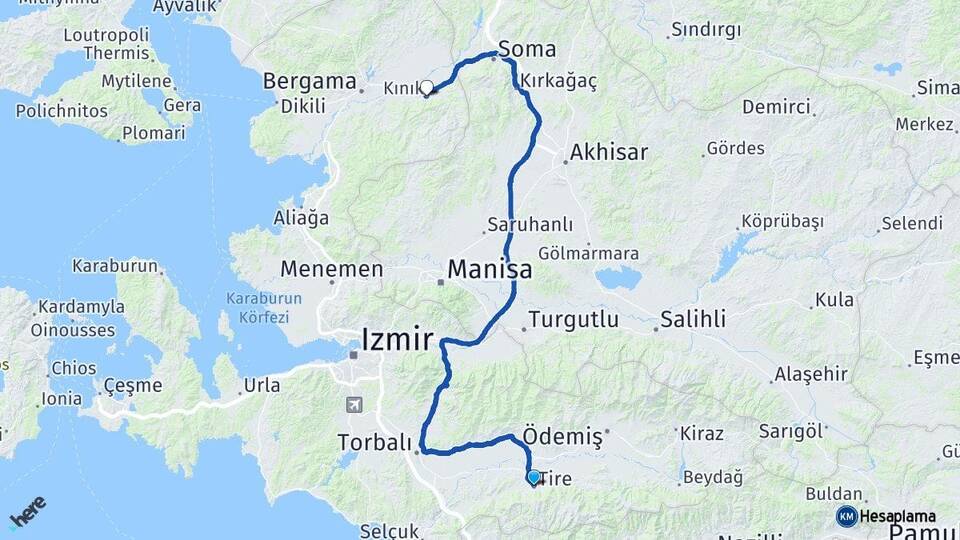 İzmir Tire Kınık Arası Kaç Km - Yol Haritası