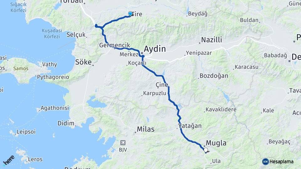 İzmir Tire Kötekli Menteşe Muğla Arası Kaç Km - Yol Haritası