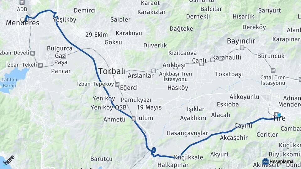 İzmir Tire Menderes Arası Kaç Km - Yol Haritası