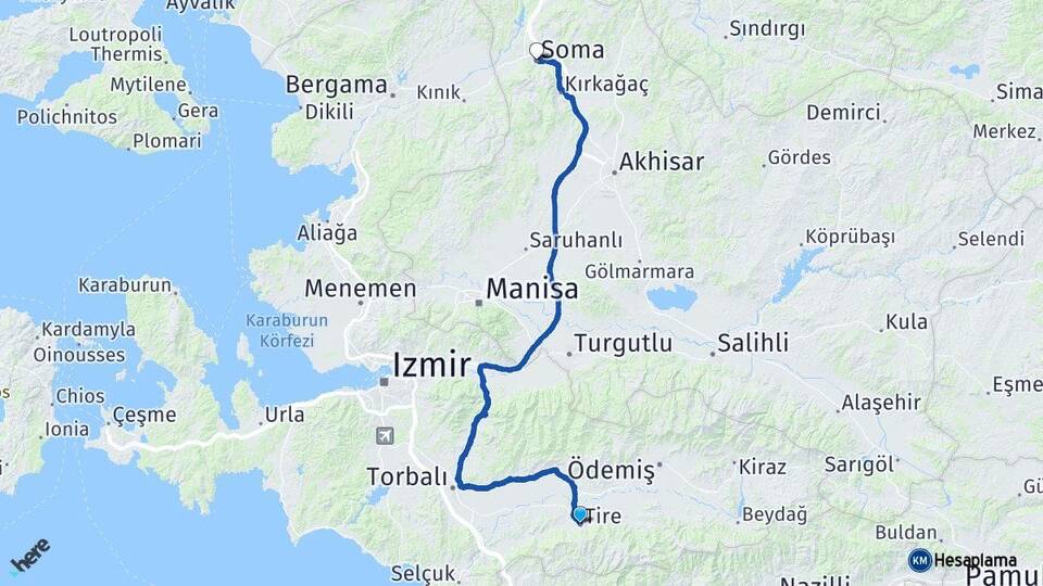 İzmir Tire Soma Manisa Arası Kaç Km - Yol Haritası