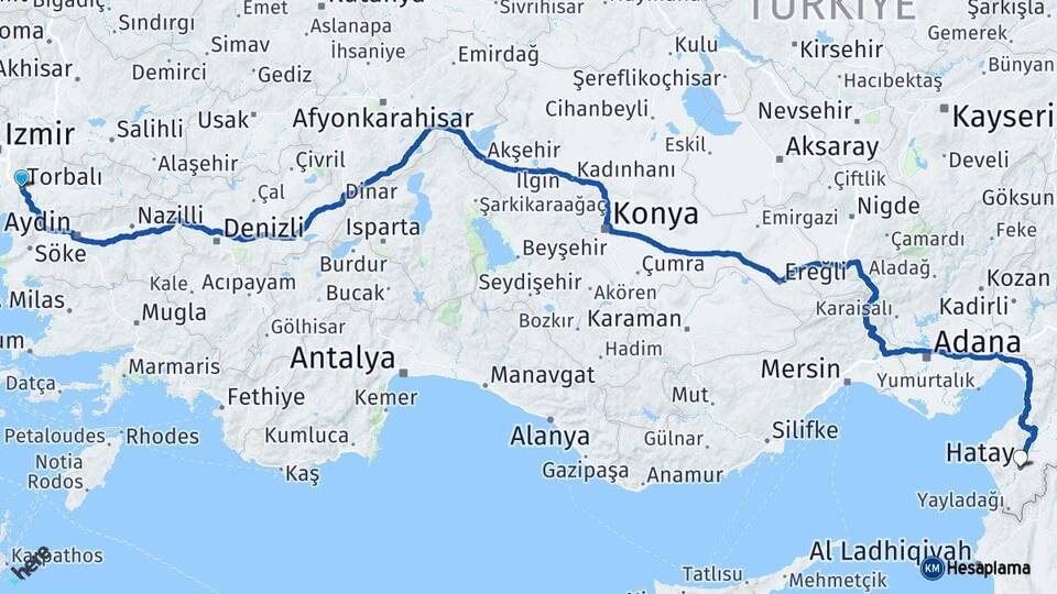İzmir Torbalı Hatay Arası Kaç Km - Yol Haritası