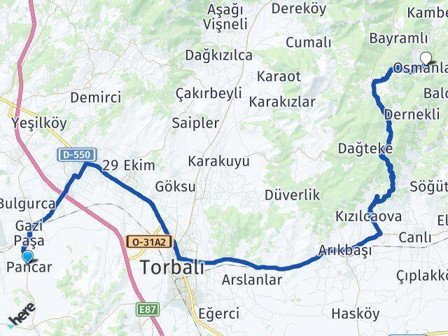 İzmir Torbalı Pancar Bayındır Arası Kaç Km - Yol Haritası