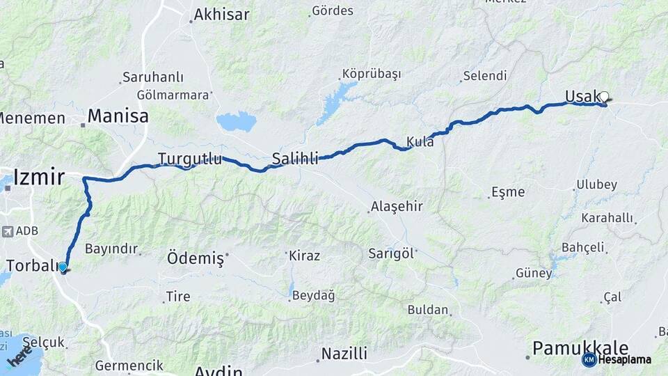 İzmir Torbalı Uşak Arası Kaç Km - Yol Haritası