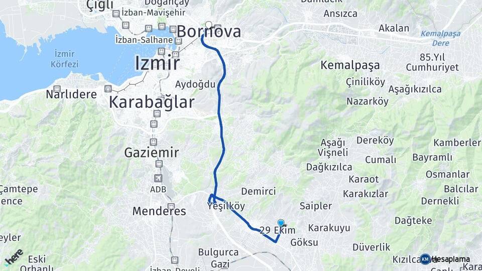 İzmir Torbalı Yazıbaşı Bornova Arası Kaç Km - Yol Haritası
