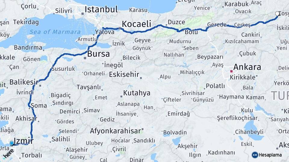 İzmir Tosya Kastamonu Arası Kaç Km - Yol Haritası