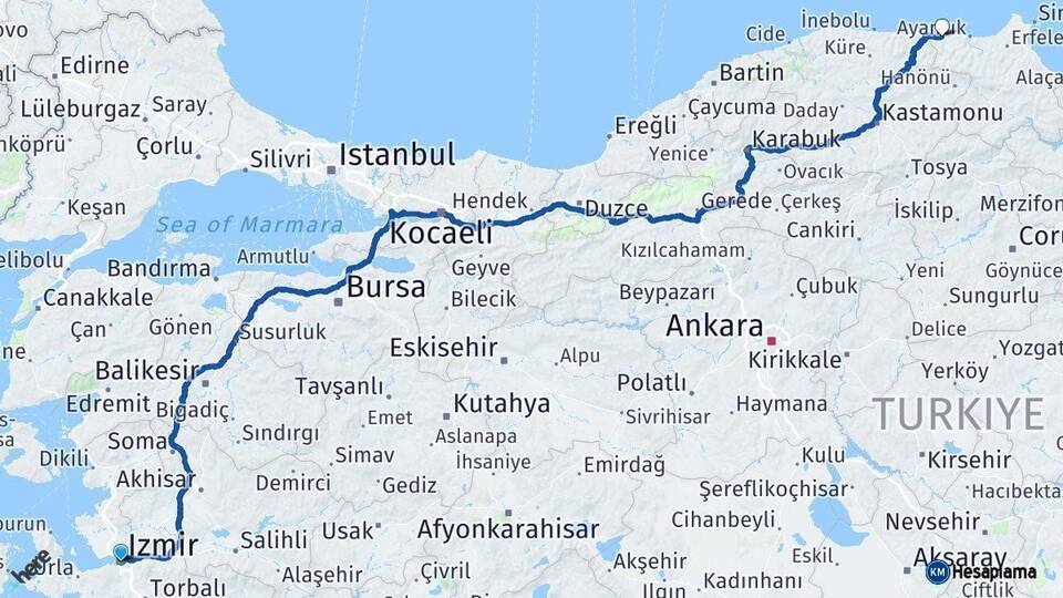 İzmir Türkeli Sinop Arası Kaç Km - Yol Haritası