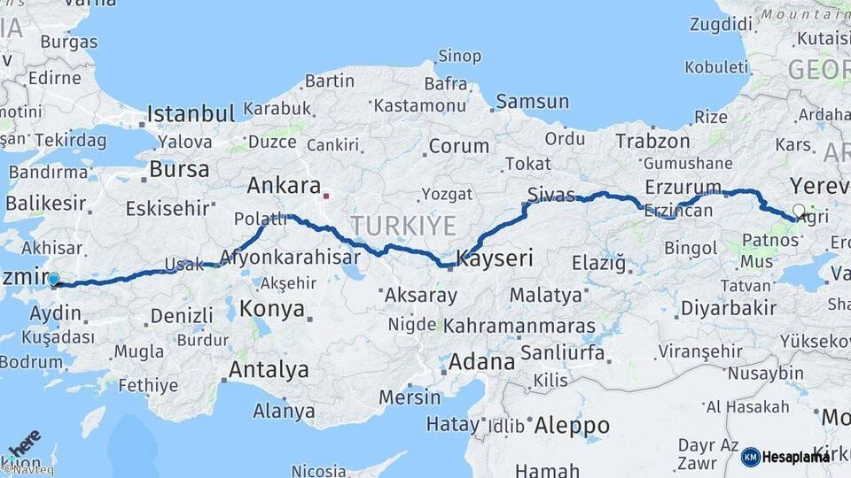 İzmir Tutak Ağrı Arası Kaç Km - Yol Haritası