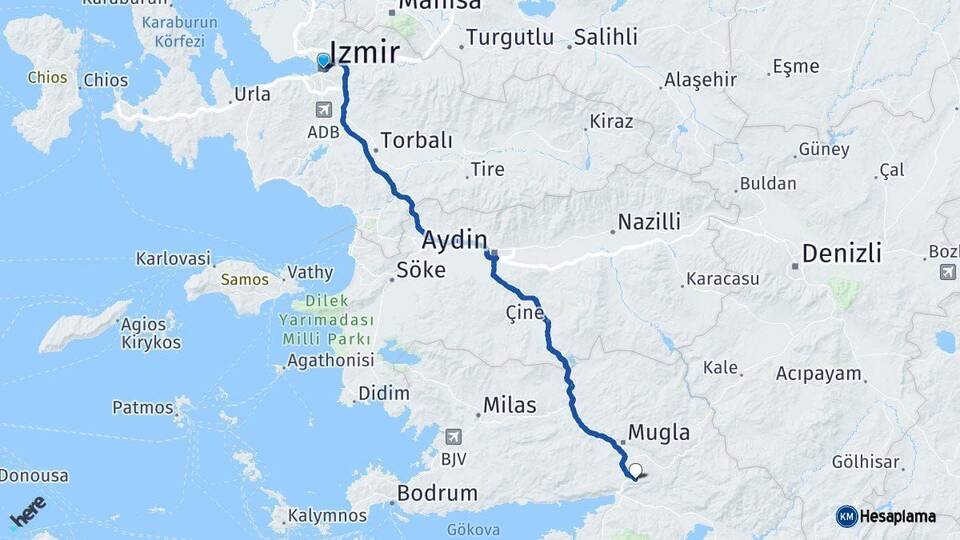 İzmir Ula Muğla Arası Kaç Km - Yol Haritası