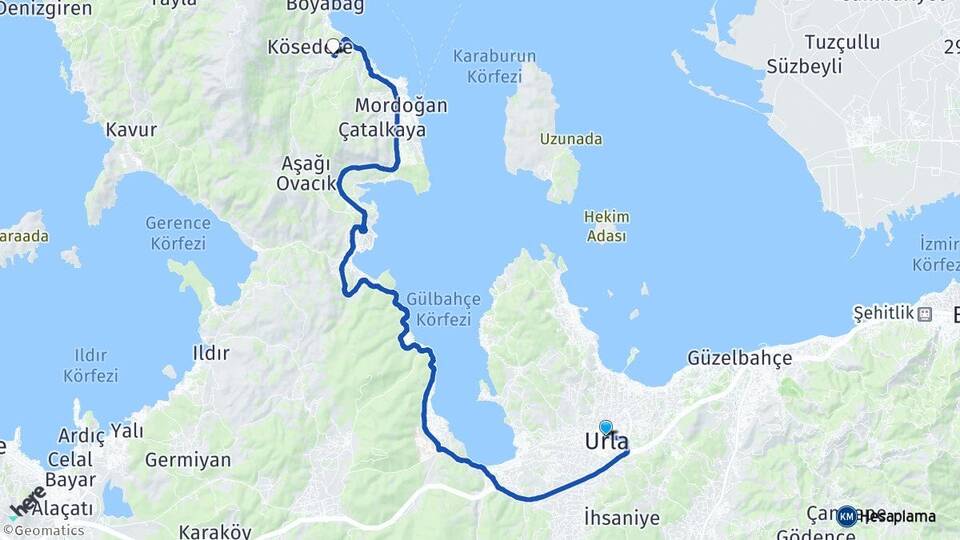 İzmir Urla Eğlenhoca Karaburun Arası Kaç Km - Yol Haritası