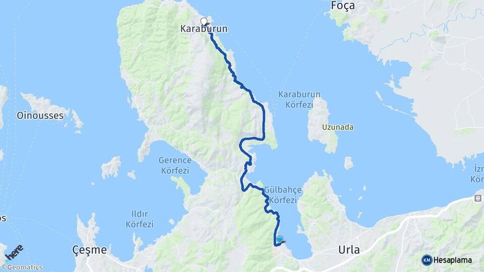 İzmir Urla Gülbahçe Karaburun Arası Kaç Km - Yol Haritası