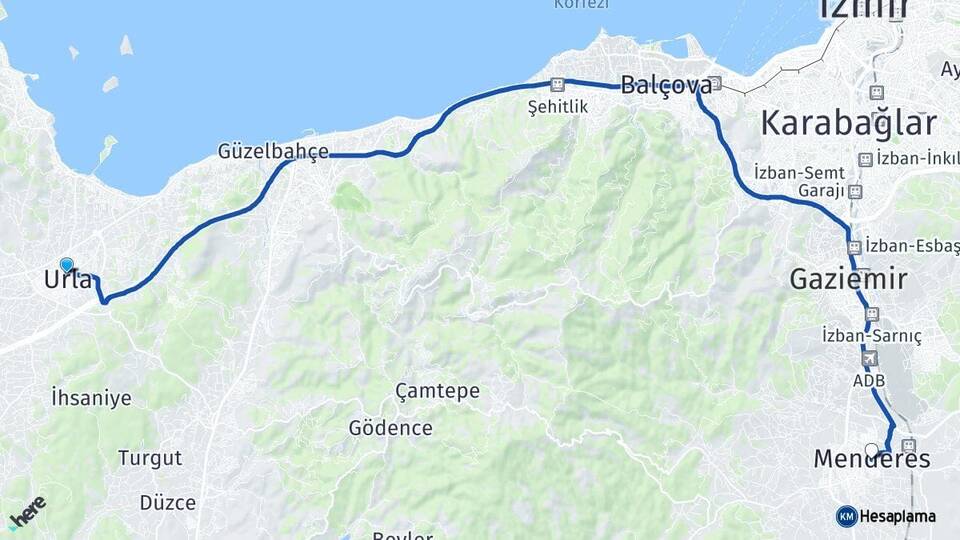 İzmir Urla Menderes Arası Kaç Km - Yol Haritası