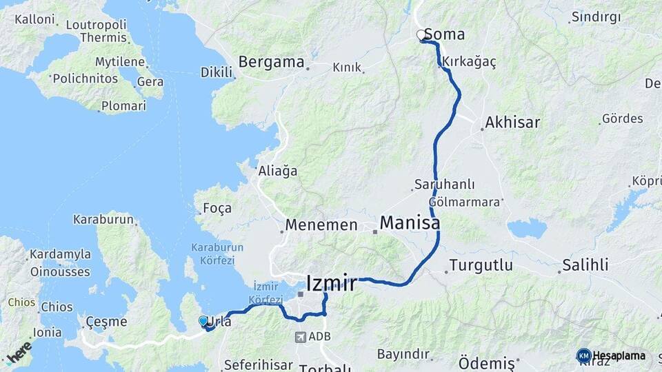 İzmir Urla Soma Manisa Arası Kaç Km - Yol Haritası