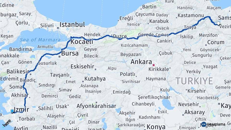 İzmir Vezirköprü Samsun Arası Kaç Km - Yol Haritası