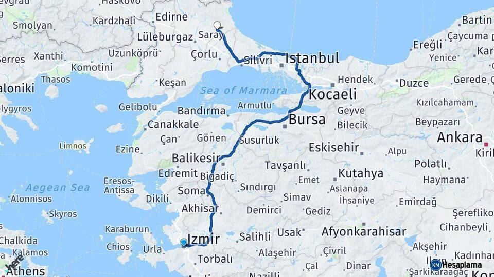 İzmir Vize Kırklareli Arası Kaç Km - Yol Haritası