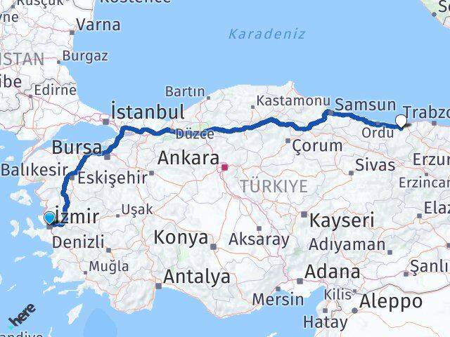 İzmir Yağlıdere Giresun Arası Kaç Km - Yol Haritası