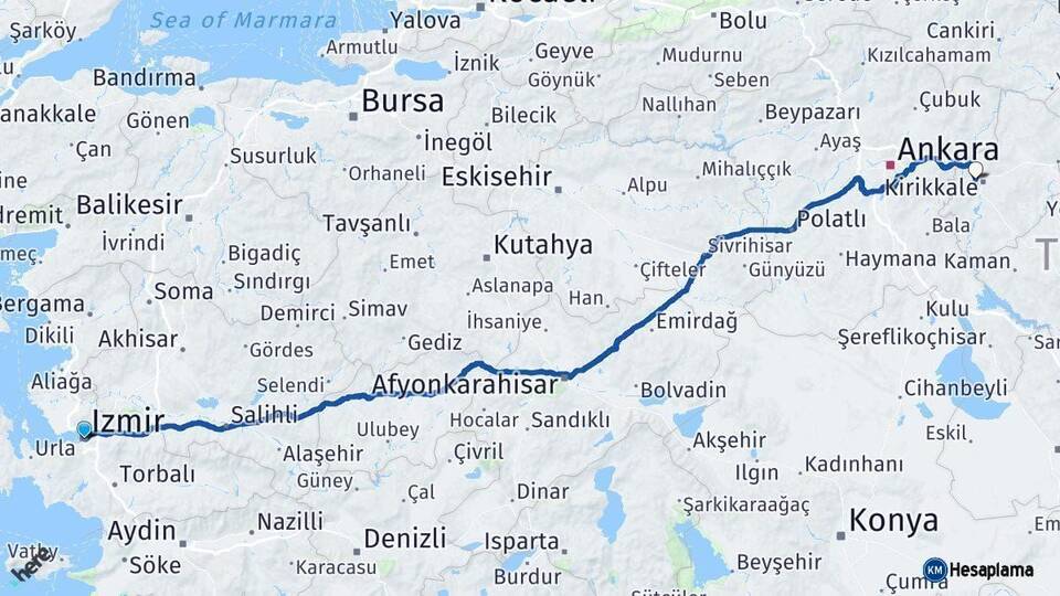 İzmir Yahşihan Kırıkkale Arası Kaç Km - Yol Haritası