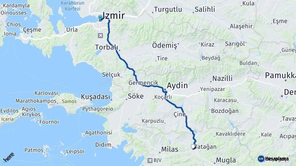 İzmir Yatağan Muğla Arası Kaç Km - Yol Haritası