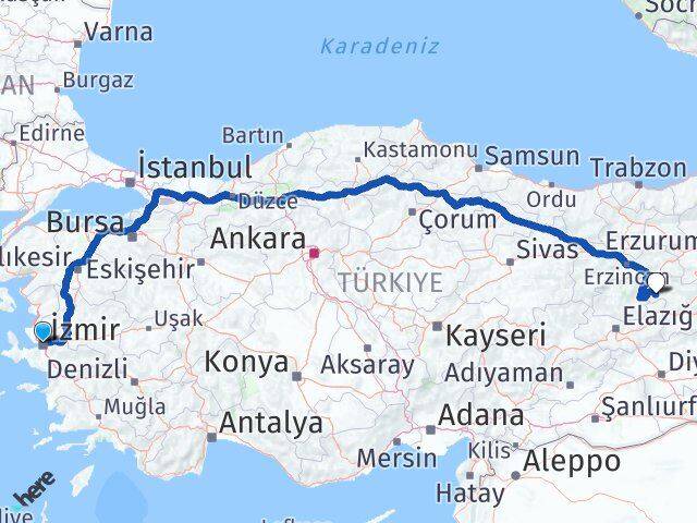 İzmir Yayladere Bingöl Arası Kaç Km - Yol Haritası