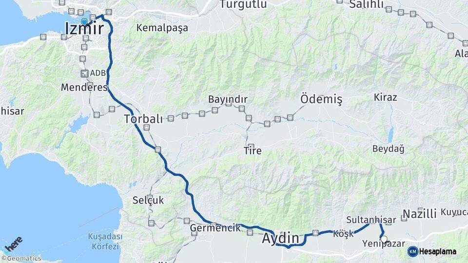 İzmir Yenipazar Aydın Arası Kaç Km - Yol Haritası
