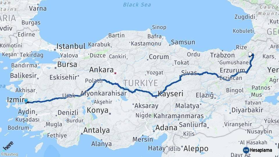 İzmir Yusufeli Artvin Arası Kaç Km - Yol Haritası