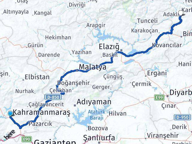 Kahramanmaraş Adaklı Bingöl Arası Kaç Km - Yol Haritası