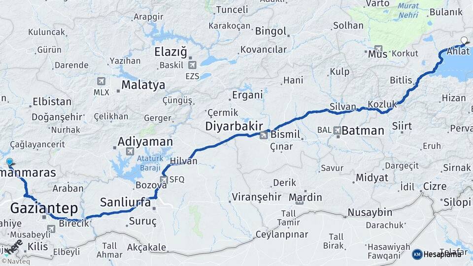 Kahramanmaraş Adilcevaz Bitlis Arası Kaç Km - Yol Haritası