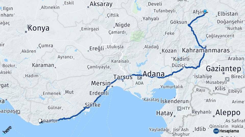 Kahramanmaraş Afşin Anamur Mersin Arası Kaç Km - Yol Haritası