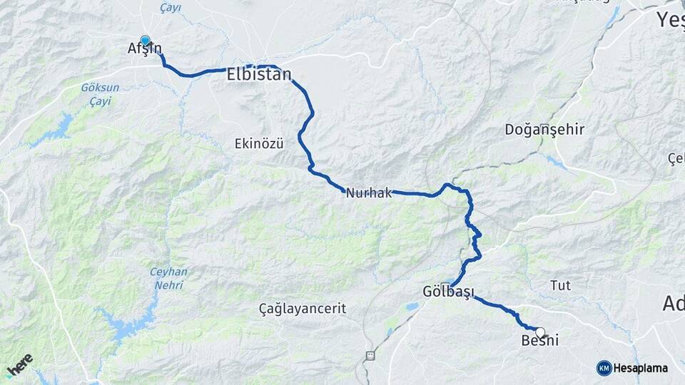 Kahramanmaraş Afşin Besni Adıyaman Arası Kaç Km - Yol Haritası
