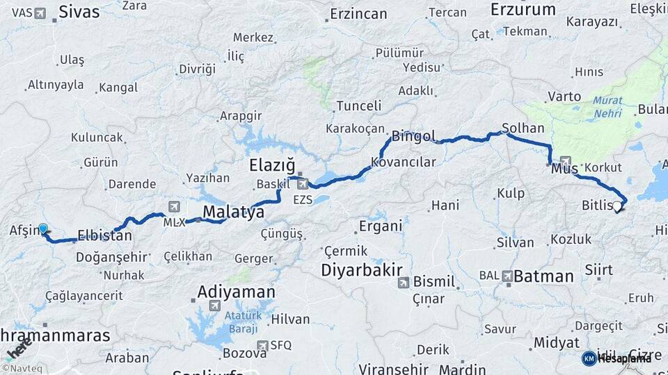 Kahramanmaraş Afşin Bitlis Arası Kaç Km - Yol Haritası