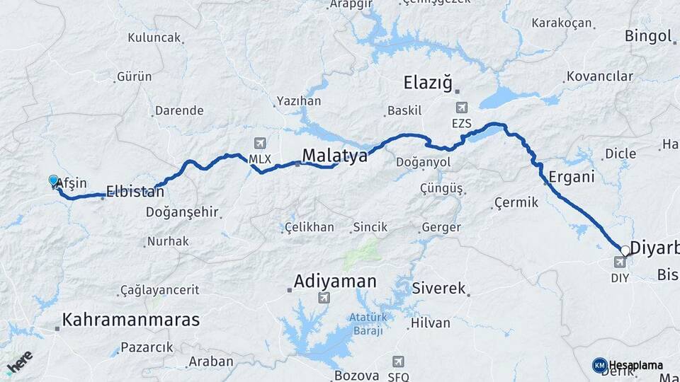 Kahramanmaraş Afşin Diyarbakır Arası Kaç Km - Yol Haritası