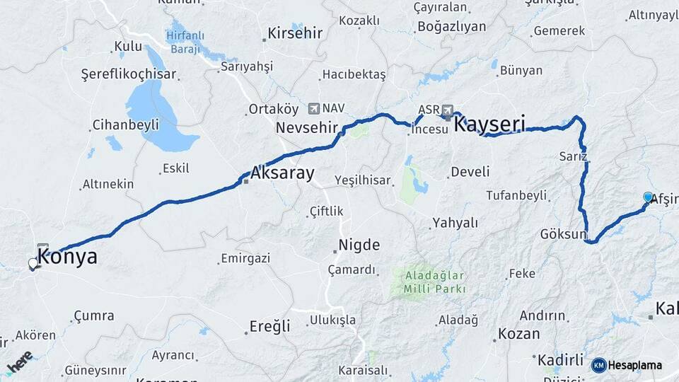 Kahramanmaraş Afşin Konya Arası Kaç Km - Yol Haritası